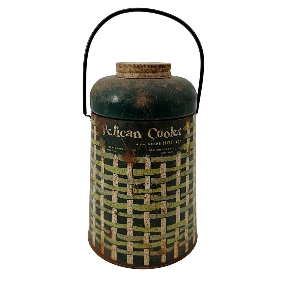 vintage green & white Pelican Cooler Atlas Mason jar picnic thermos jug Poloron
